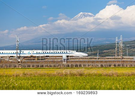 Tokaido Shinkansen with Mountain Fuji in behind. The Shinkansen a network of high-speed railway lines in Japan
