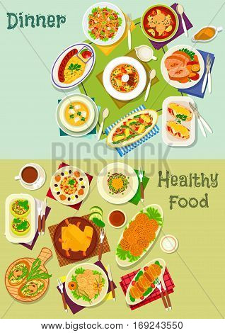 Dinner dishes icon set with meat and fish soup, chicken lamb and beef snacks with cheese, mushroom and vegetable, grilled sausage, meatball, shrimp spring roll, vegetable salads with pork, olives and herring