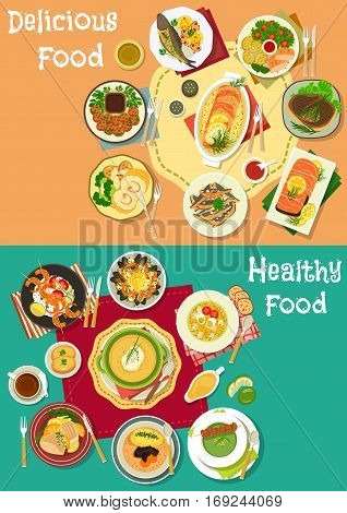 Dinner icon set with baked pork, fish, shrimp, chicken and salmon rolls with vegetables, rice and ham, mushroom, pea and sorrel cream soup, seafood paella, salmon in cream sauce, meatball. Food design
