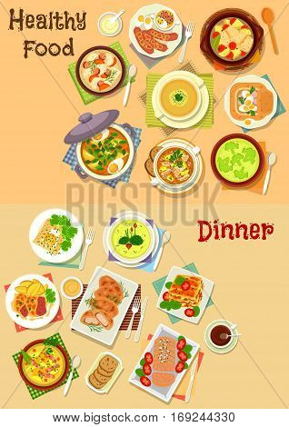 Healthy food for lunch icon set of soup with meat, fish, potato, onion, broccoli, oat and rye with egg, bacon and sausage, lasagna, pancake, chicken in potato batter, beef chop with cheese, pate