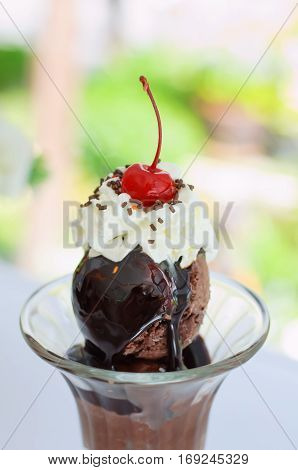 Ice Cream Sundae with chocolate sauce and curls in cup