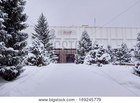 ALMATY KAZAKHSTAN - FEBRUARY 4 2017: State Academic Russian Drama Theater named after M. Y. Lermontov. It was opened in 1933. Almaty is the largest city in Kazakhstan and was the country's capital until 1997.