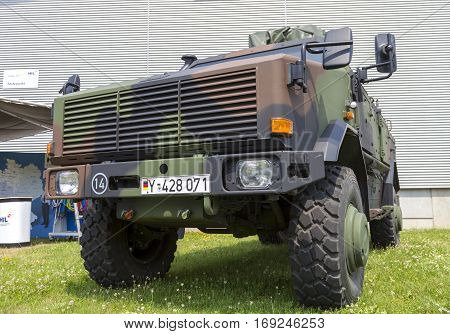 BURG / GERMANY - JUNE 25 2016: german armored military infantry mobility vehicle ATF Dingo stands on open day in barrack burg / germany at june 25 2016