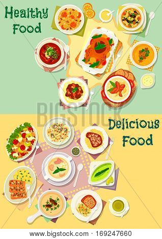 Meat, fish and mushroom dishes icon set with chicken and herring salad, baked meat and fish with vegetables and fruit, pasta, rice pilaf, soups with chicken, ham, bacon, bean, mushroom, pumpkin, nut