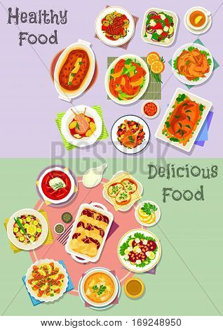 Hearty dishes icon set with vegetable, fruit salad with cheese, fish and nut, fish cupcake, baked chicken, beef, pork meatloaf with veggies and fruit sauce, fish in bacon with pasta, fish soup