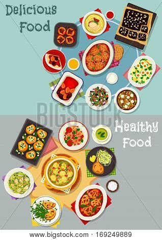 Tasty dinner dishes icon set with baked meat and vegetable dishes, seafood pasta and salad, chicken noodle, tofu and cabbage soups, cheese toast, chocolate cake, pancake with plum, bean pilaf