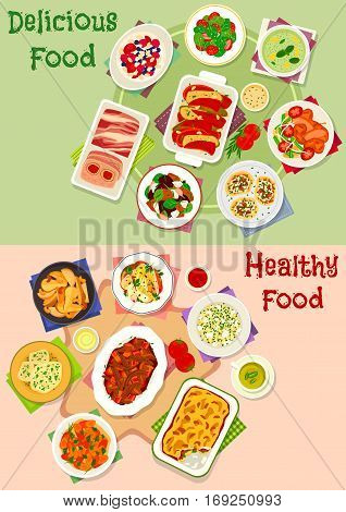 Dinner meal icon set of vegetable salads with meat and berry, beef and veggies stew, fruit desserts with cream and honey, baked veggies with cheese, pate, potato with mushroom and fish, cucumber soup