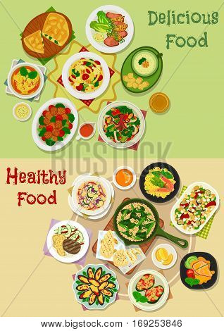 Main meal icon set of vegetable salads with seafood and cheese, baked meat and mussel with veggies, pasta with bacon, seafood guacamole, soup and rice with shrimp and bean, meatball, cheese egg pie