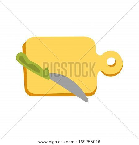 Cutting Board And A Knife With Green Handle Primitive Cartoon Icon, Part Of Pizza Cafe Series Of Clipart Illustrations. Vector Simplified Clip-Art Drawing Element.