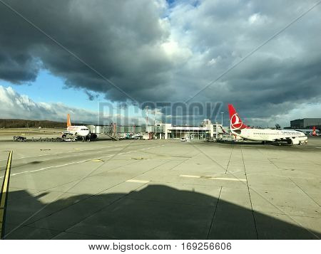 GENEVA - JANUARY 4: Aircraft operations at Geneva International Airport on January 4, 2017 in Geneva, Switzerland.