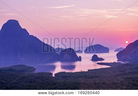 Amazing view and colorful sunrise at Sa Met Nang She in Phang Nga bay, Thailand