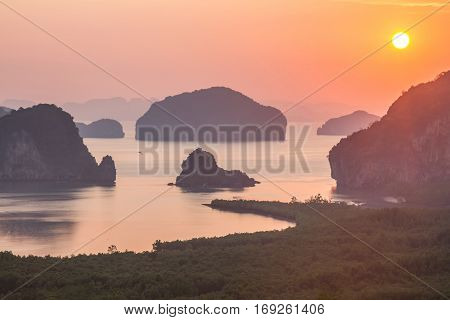 Amazing view and colorful sunrise at Sa Met Nang She in Phang Nga bay, Thailand