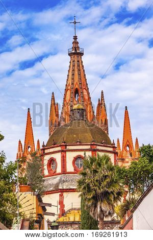 Aldama Street Parroquia Archangel church Dome Steeple San Miguel de Allende Mexico. Parroaguia created in 1600s.