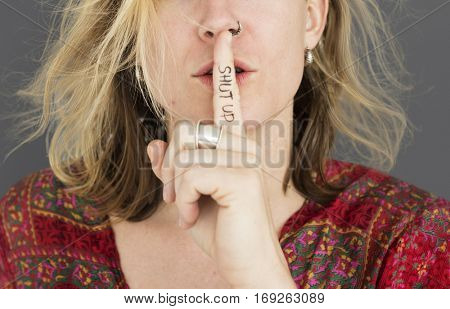 Woman Quiet Shut Up Secret Shh Portrait Concept