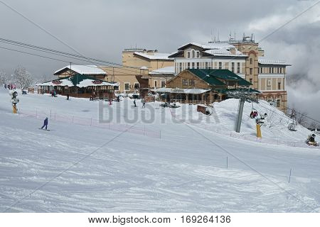 Sochi, Russia - January 21, 2017: Ski infrastructure in Gorky Gorod 960 meters above sea level