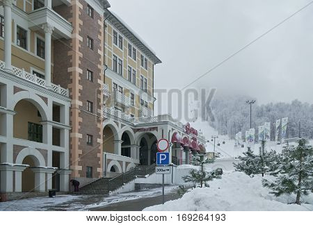 Sochi, Russia - January 21, 2017: Upper Gorky Gorod - all-season resort town 960 meters above sea level in the village of Krasnaya Polyana