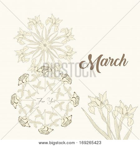 Background for international womans day. Spring flowers hand drawn sketches.  Vector Illustration