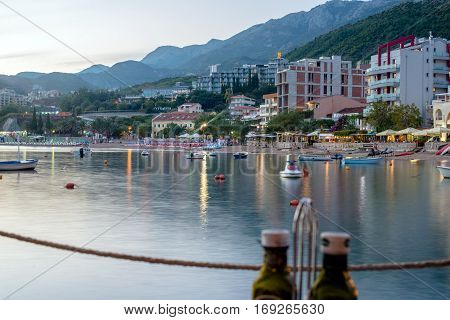 RAFAILOVICI, MONTENEGRO - SEPTEMBER 20, 2016:The September night in Rafailovici bay, Montenegro