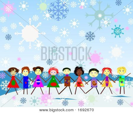 Crianças brincando na queda de neve