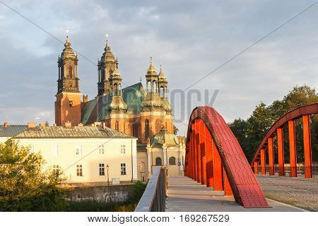 Poznan, Poland - June 29, 2016: Old Bridge And Cathedral Church In Polish Town Poznan