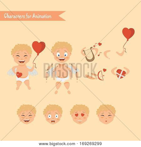 Cupid angels icons set little boy with a bow and arrows. Cupid character animation. Set for Valentine's day