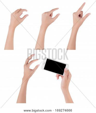 Woman hands holding smart phone with blank screen display and collection of different touch and pinch fingers for zooming something digital and communication concept Isolated on white background.