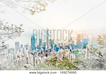 Asia Business concept for real estate - panoramic modern cityscape building bird eye aerial view under sunrise and morning blue bright sky in Hong Kong (HK) China. Mix hand drawn sketch illustration