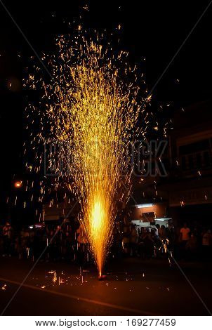 Fireworks in Yipeng festival at Loy krathong Day at Chiangmai inThailand