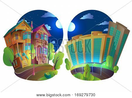 Vector illustration of buildings in the city and province. The old Victorian house and new modern high-rise. Bright Isolated Houses in cartoon style with a piece of street. Moonlight night
