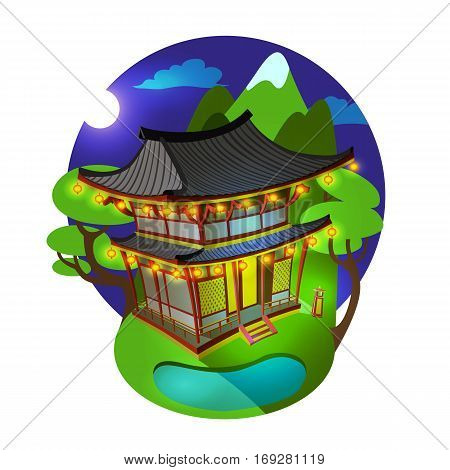 Bright vector illustration. Asian traditional architecture at moonlit night. The building is in the mountains and lakes. Last minute chinese lanterns under the roof of a traditional construction.