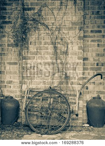 vintage color of buckboard with brick wall texture background