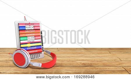 E-book Audio Learning Languages On Wood Bacground 3D Render Success Knowlage Concept