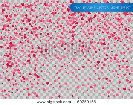 Pink and red falling hearts waves on a transparent background. Symbol of love, Valentines day background . Flower petal in shape of heart confetti. Decor element for greeting cards, bunners. Vector