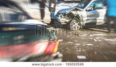 Car crash accident on street of Voronezh, damaged automobiles after collision in city. Image with blurred copy space