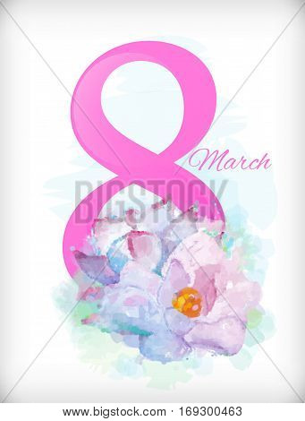 Watercolor Floral group of delicate pink blue magnolia and figure eight. Cute vintage flowers for Greeting card with 8 March. Watercolor imitation. Vector