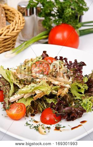green salad with chicken with spices on the white plate