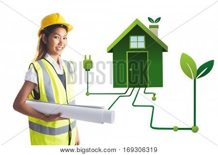Architect woman with yellow helmet and plans against clean energy house
