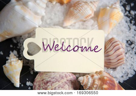 Shell with candle light and empty tag for wellness and relaxing concepts or massage advertising