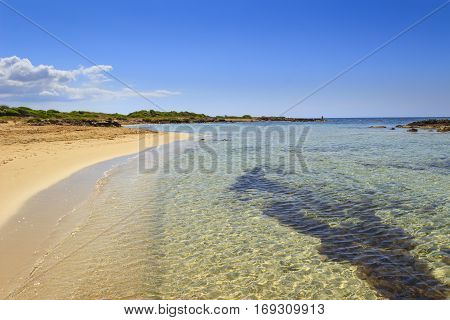 Salento coast: typical beach with sandy coves and cliffs.ITALY, Apulia. From Torre Pali to Pescoluse the shore is made of a sand washed by a  clear sea that it is called 'Maldive of Salento'.