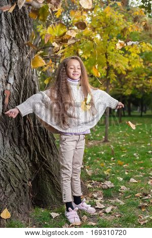 Beautiful little girl in white sweater posing in autumn Park near the tree