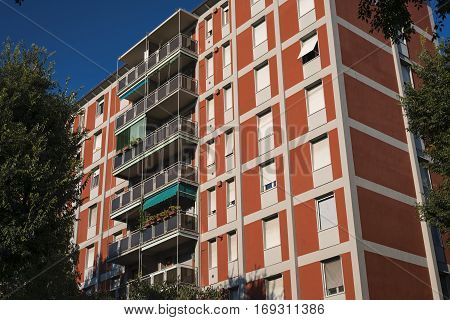 Milan (Lombardy Italy): facades of residential building along via Gattamelata with balconies