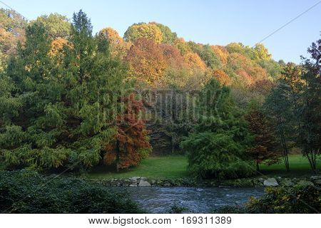 Pedestrian and bicycle track along the Lambro river Monza Brianza Lombardy Italy) at fall