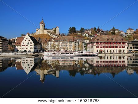 Autumn scene in Schaffhausen Switzerland. Old town Schaffhausen mirroring in the Rhine.