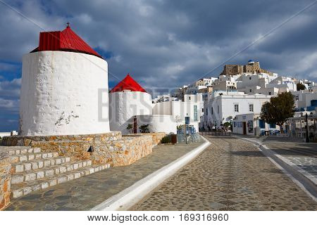 ASTYPALEA, GREECE - FEBRUARY 2, 2017: Windmills in the main square of Chora on Astypalea island on February 2, 2017.