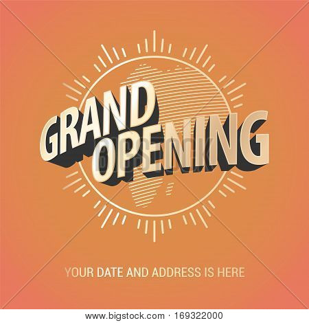 Grand opening vector banner. Nonstandard design element with gold color lettering and graphic sun for opening ceremony can be used as background