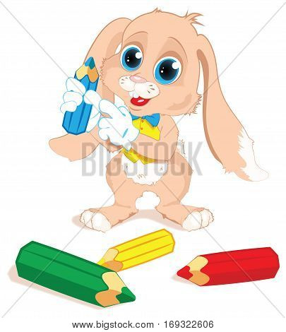 Vector illustration of a cartoon bunny holds colored pencils.