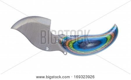 Side view of an ulu style folding knife on white