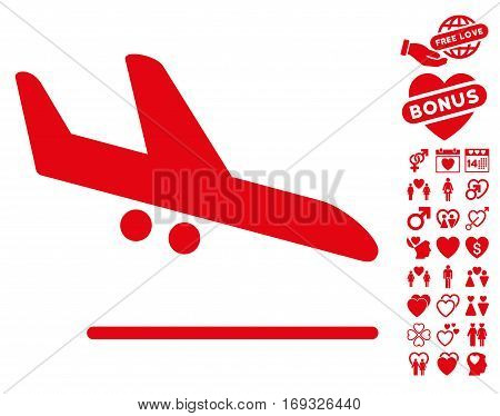 Aiplane Landing pictograph with bonus lovely pictograph collection. Vector illustration style is flat iconic red symbols on white background.