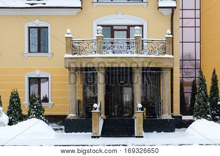 GOMEL BELARUS - JANUARY 12 2017: Entrance to small elite Park-Hotel Zamkovyj Gomel Belarus