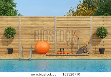 Swimming pool with spinnig bike and pilates ball - 3d rendering